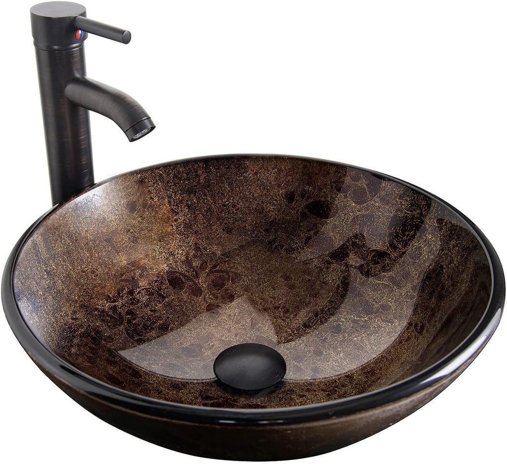 Bathroom Artistic Vessel Sink, Tempered Glass Vanity Round Bowl with Oil Rubber Bronze Faucet and Pop up drain Set, Brown A131-B0DMSDDWNH
