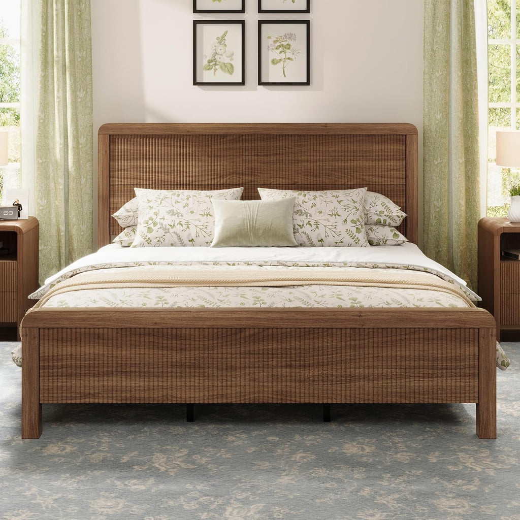 Wood Full Bed Frame with Headboard & Footboard, Modern Fluted Wooden Platform Bedframe with Rounded Safety Edges