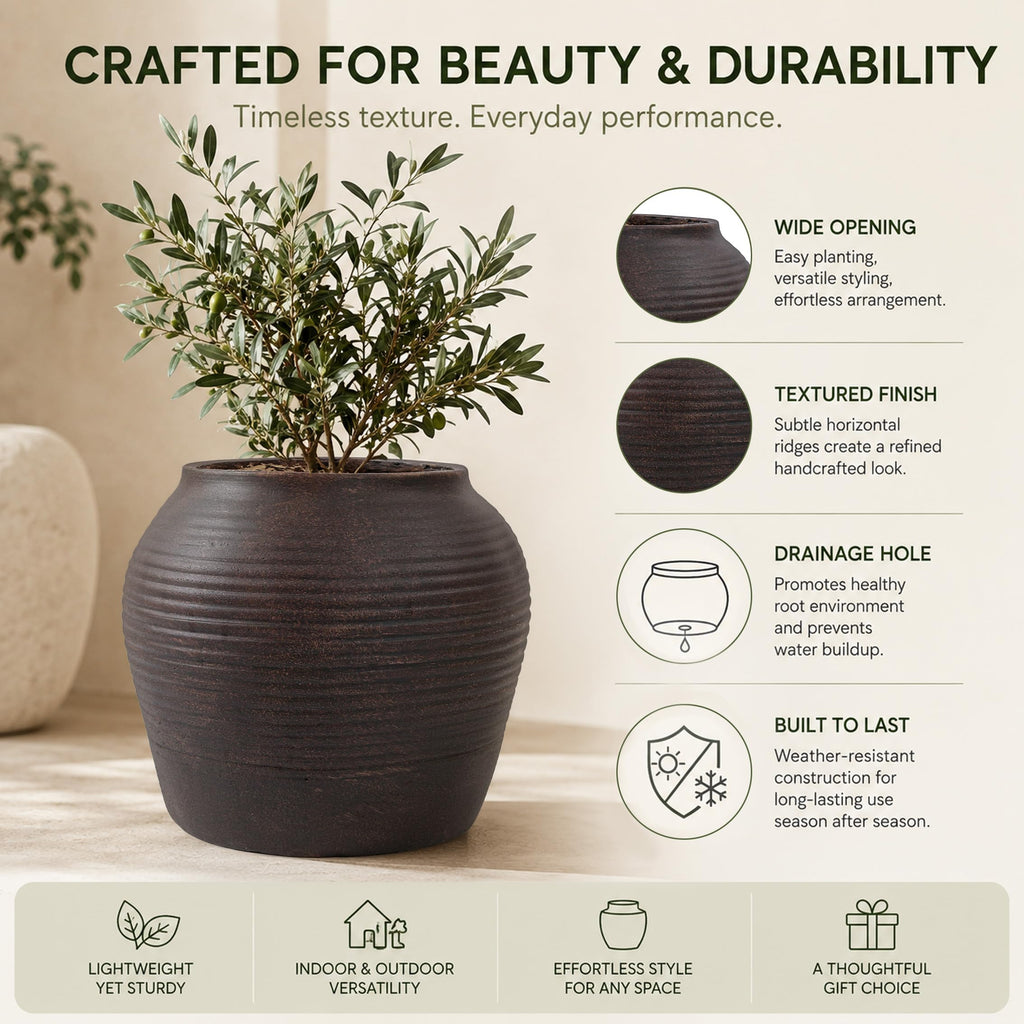 12" H x 14" Dia Vintage Black Fiberstone Planter Pot with Drainage Hole, Decorative Flower Pot plants, Small Trees &