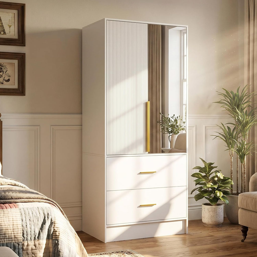 29.5" W Wardrobe Armoire with Mirror, Fluted Door & LED Light, Wooden Closet Storage Cabinet with Hanging Rod, 2