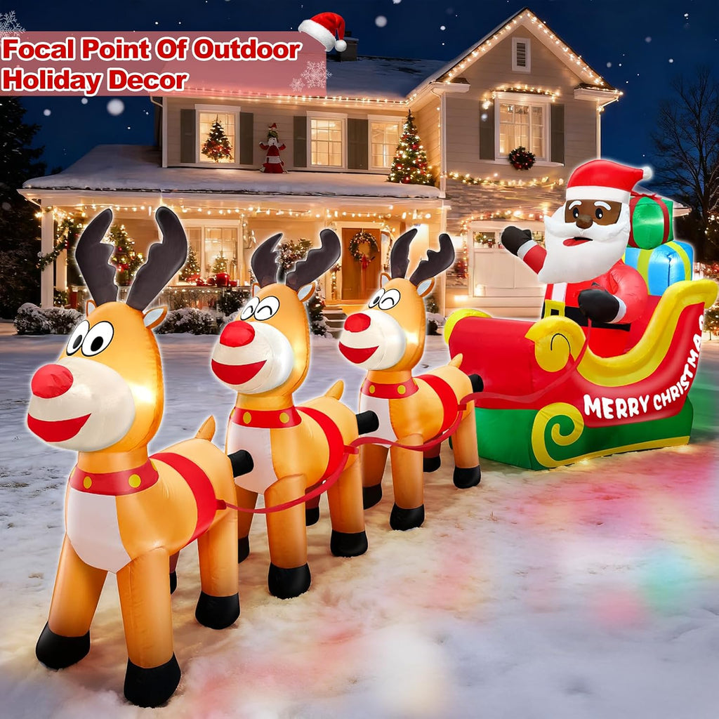 12 Ft Long Christmas Inflatable Black Santa Rides in a Sleigh Pulled by Three Reindeer with Gift Box, African