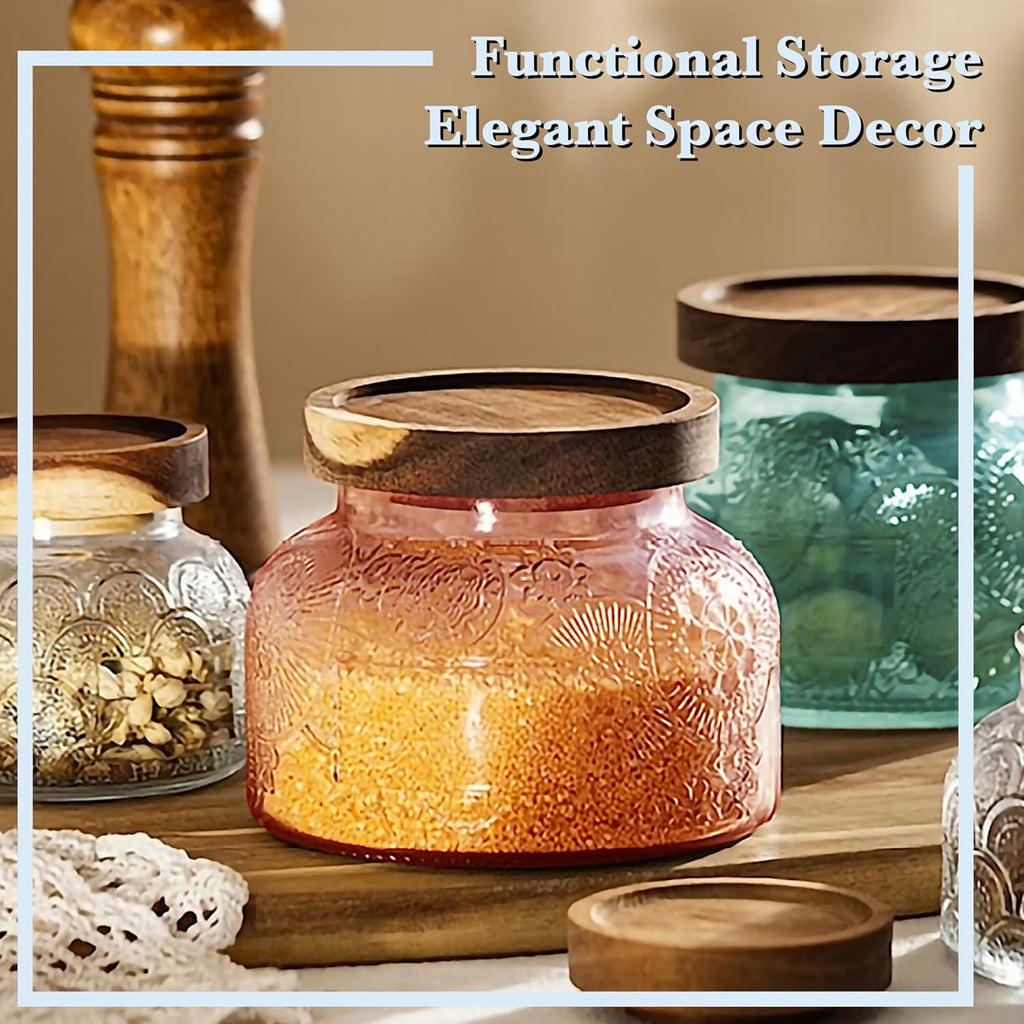 Decorative Pink Embossed Glass Jar with Airtight Wooden Lid, 40 fl. oz