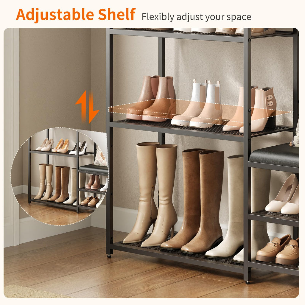 Shoe Rack Bench Shoe Rack, Cushioned Entryway Shoe Storage with 2 Drawers & 5-Tier Organizer, Metal Frame Wood Top