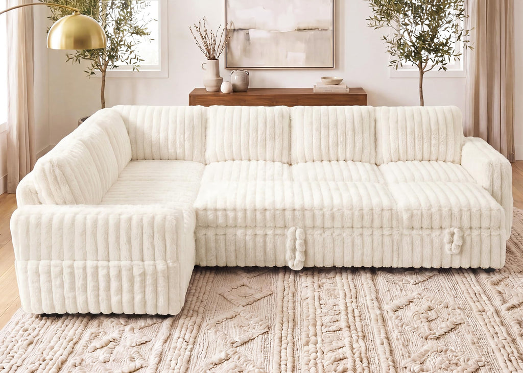 Plush Corduroy U Shaped Sectional Sofa with Pull Out Bed, Plush Beige