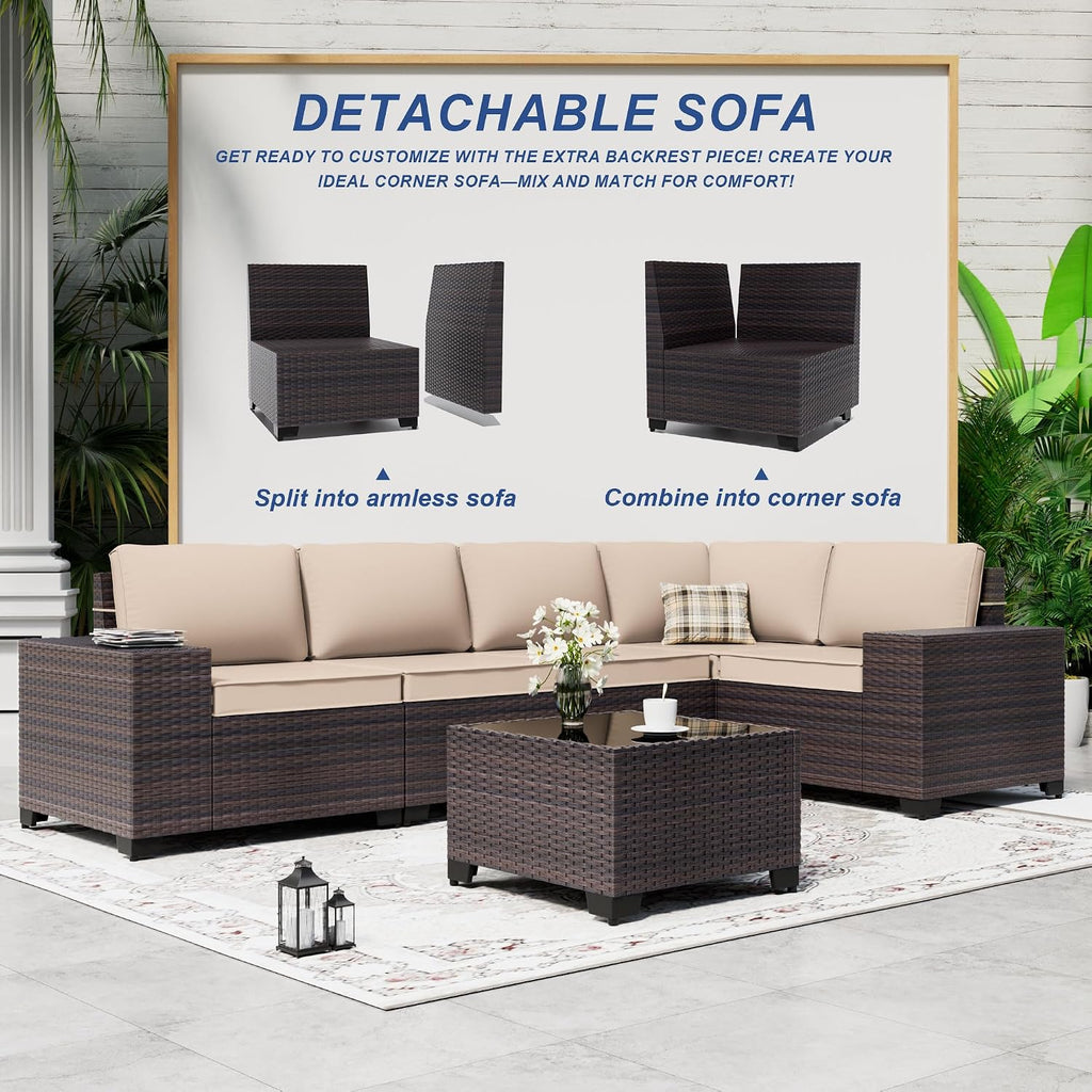 Outdoor Patio Furniture Set, 6 Pieces Outdoor Sectional Furniture High Backrest Patio Sofa, All-Weather PE Rattan