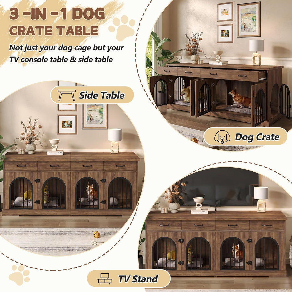Dog Crate Furniture TV Stand for 2 Dogs, Brown