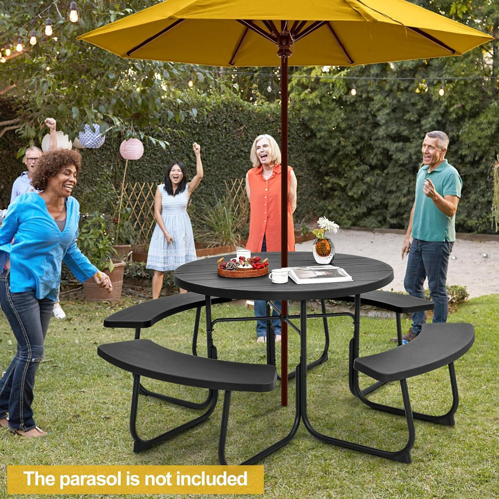 Round Picnic Table for Outdoors, 8 Person Outdoor Picnic Tables & Benches Set with Umbrella Hole, HDPE Tabletop &