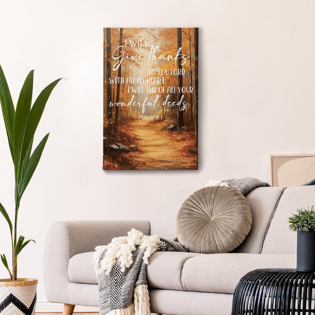 Fall Christian Wall Decor, Autumn Nature Forest Thanksgiving Bible Verse Framed Canvas Painting Wall Art Decor
