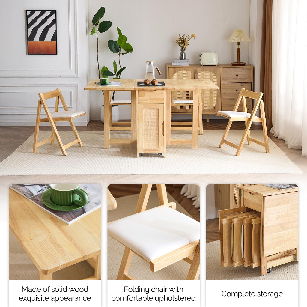 5-Piece Folding Dining Table Set, Extendable Drop Leaf Solid Wood Table with 4 Chairs, Drawers & Wheels, Space-Saving