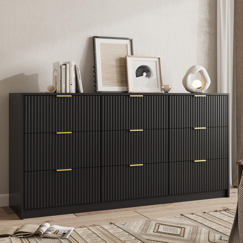 63" Wide Fluted 9-Drawer Dresser, Black