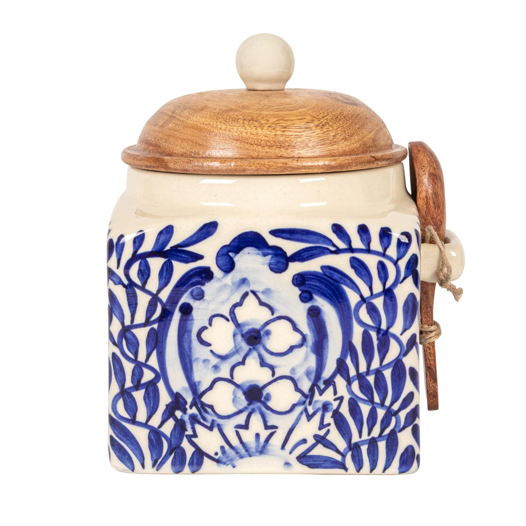 Co-Op Stoneware Canister with Design, Lid and Spoon, Cream, Blue and Natural
