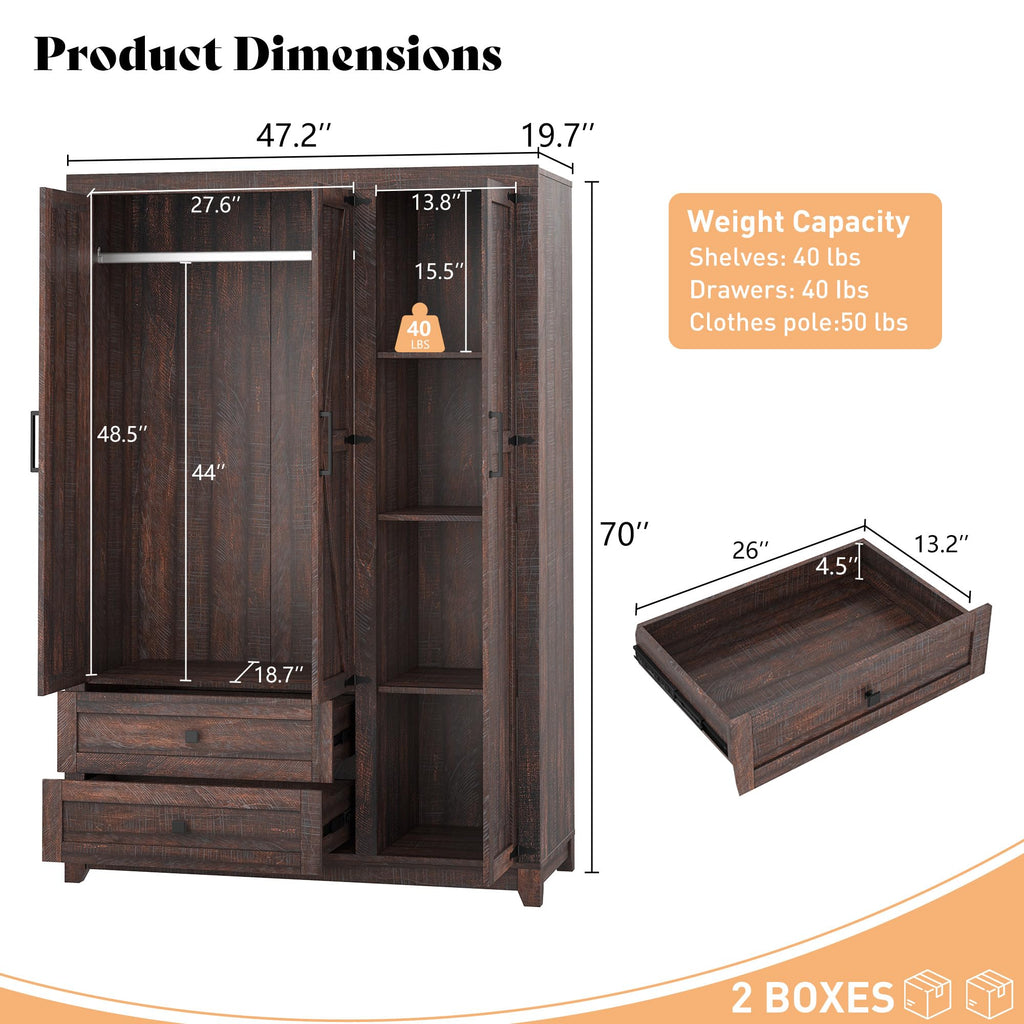 Farmhouse 3 Door Wardrobe Closet with 2 Drawers & Hanging Rod