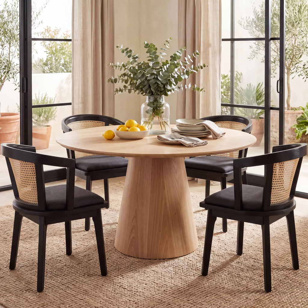 Rattan Mid Century Dining Chairs Set of 8 Modern Farmhouse Dining Room Chairs with Cane Curved Back and Black Wooden