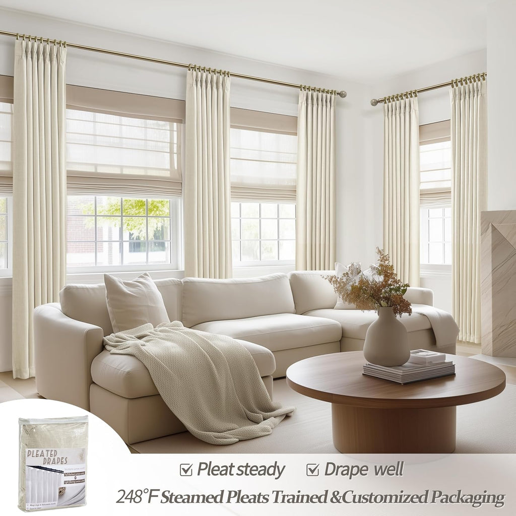 Thick Linen Sand Beige Black Out Curtains 96 Inch Long, Elegant Pinch Pleated Room Darkening Cream Curtain & Drapes
