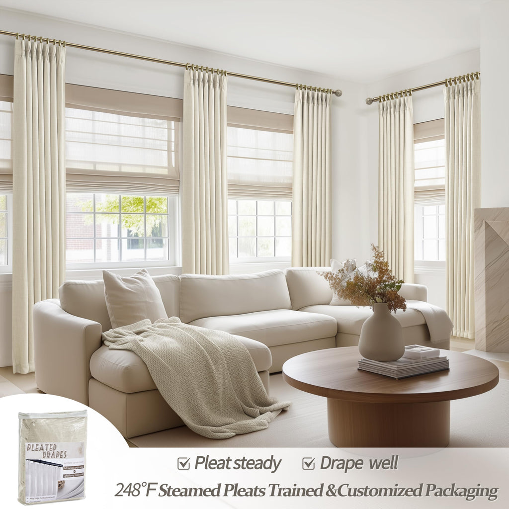 70 Inch Extra Wide Pinch Pleated Curtains 84 Inches Long 2 Panels Set, Cream Memory Shape Pleat Blackout Dual Layer