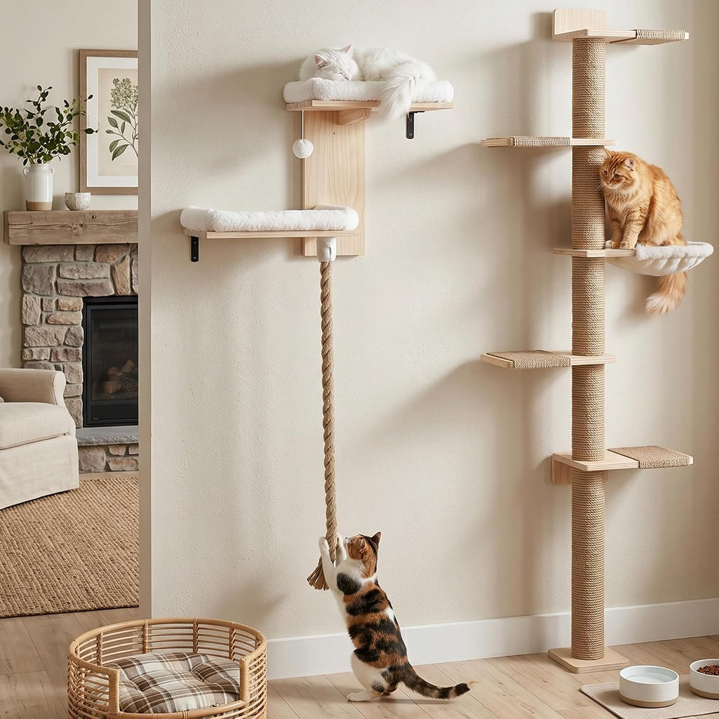 Cat Wall Shelves Set with 2 Washable Beds & 4.92FT Scratching Post