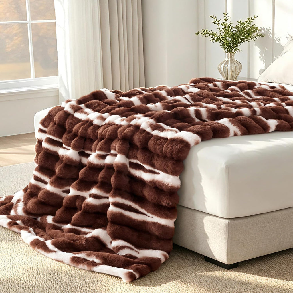 Faux Rabbit Fur Throw Blanket, Plush Fuzzy Blanket, 60" × 80", Brown | 850GSM Thick Warm Fluffy Blanket for Couch