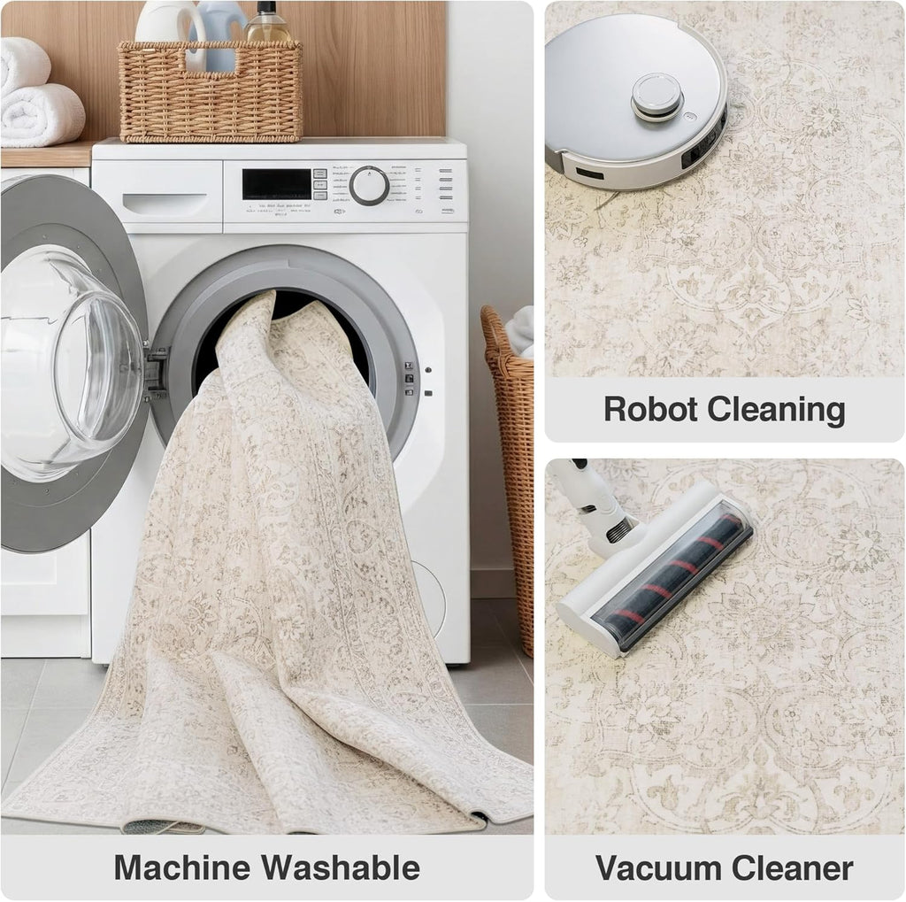 3x5 Washable Area Rug Beige Vintage Neutral Distressed Non Slip Low Pile Floral Retro Indoor Carpet 