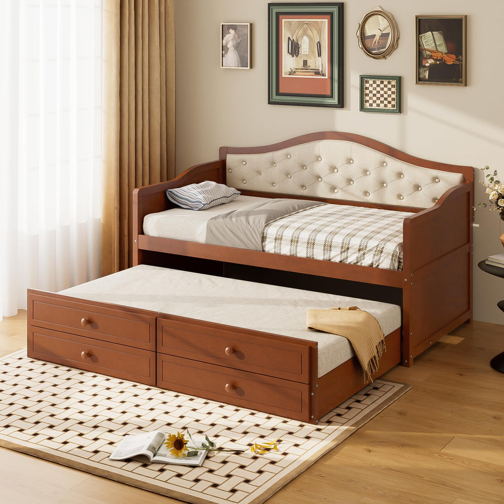 Wood Daybed Twin Size with Trundle and 2 Storage Drawers, Walnut