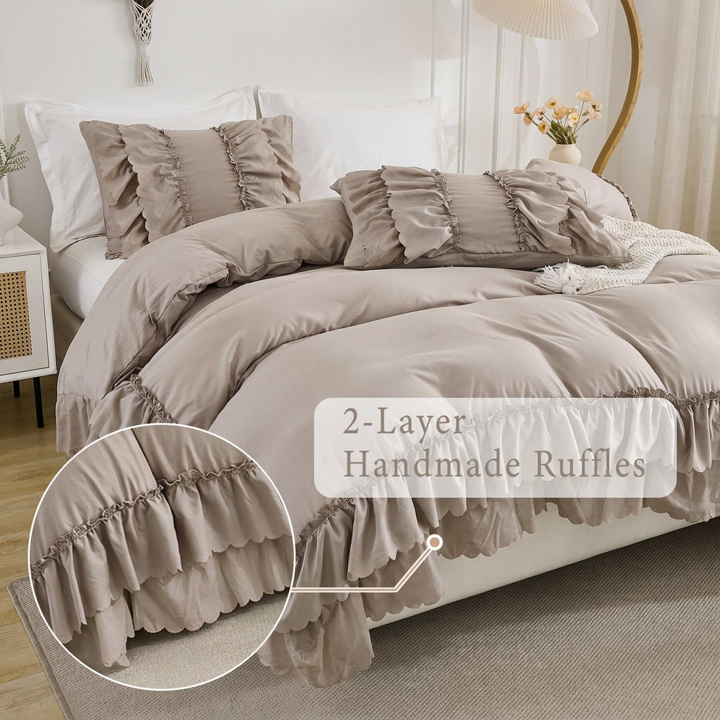 Taupe Boho Comforter King Size, Shabby Chic Ruffle Bedding Set, 2 Layers Ruffles Fluffy Vintage Comforter Home