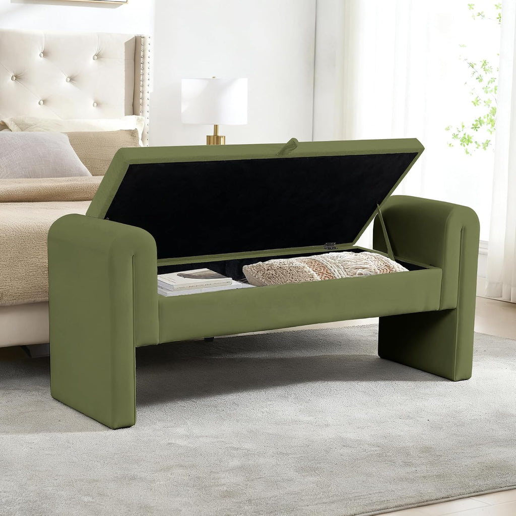 60.5" Velvet Upholstered Entryway Bench, Ottoman Bench End of Bed Bench with Armrest, Bedroom Bench with 2 Lumbar