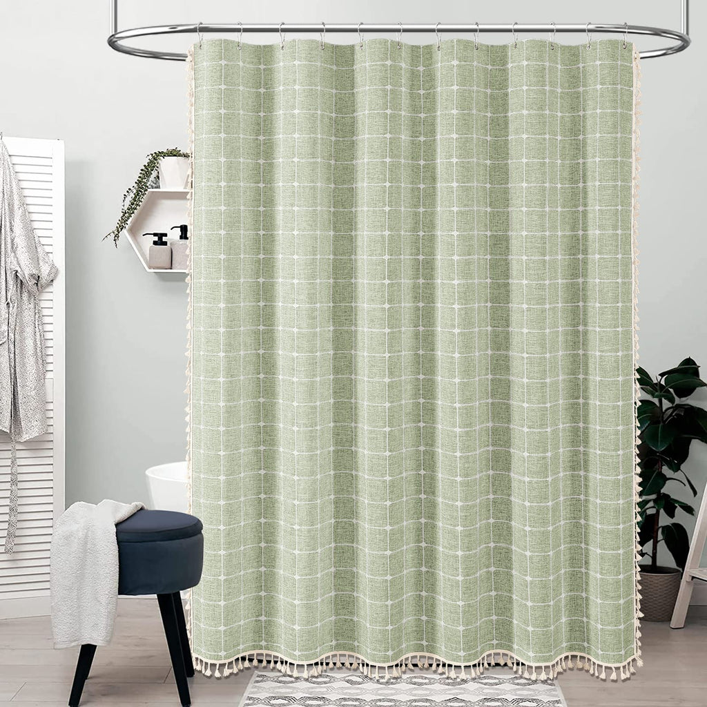 Sage Green Boho Farmhouse Linen Heavy Duty Shower Curtain Set, 72x72
