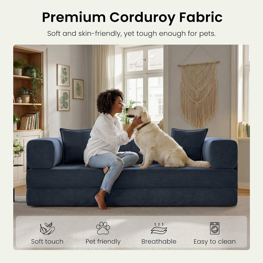 78.8" Convertible Futon Sofa Bed, Boneless Couch | Corduroy Boneless Loveseat Sleeper Sofa, Modular Futon Couch with