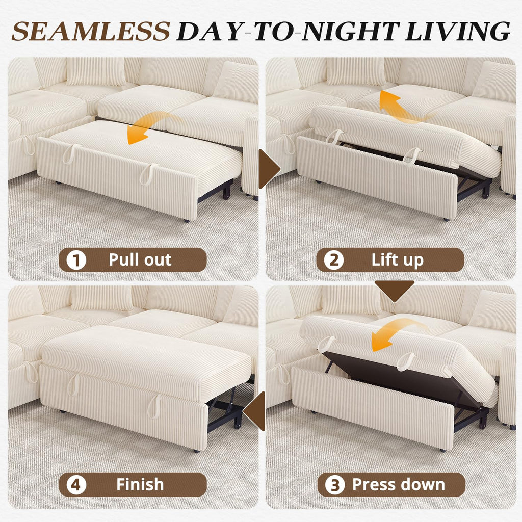 5-Seat Sleeper Sofa Bed with Reversible Chaise Lounge Sectional, Corduroy U-Shaped Convertible Couch Set with USB
