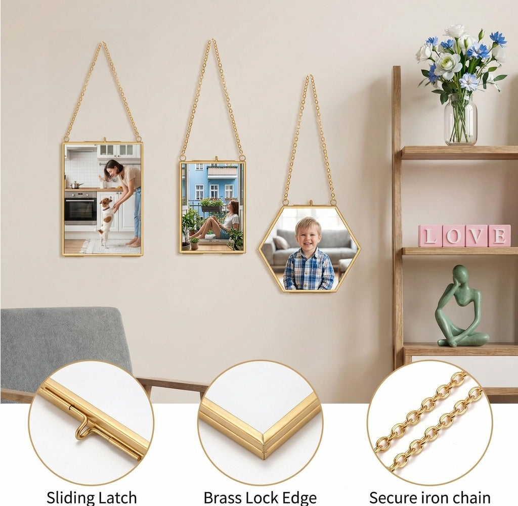 3 Pack Pressed Flowers Glass Frames, Brass Hanging Picture Frames with Chain, Small Golden Floating Photo Frame