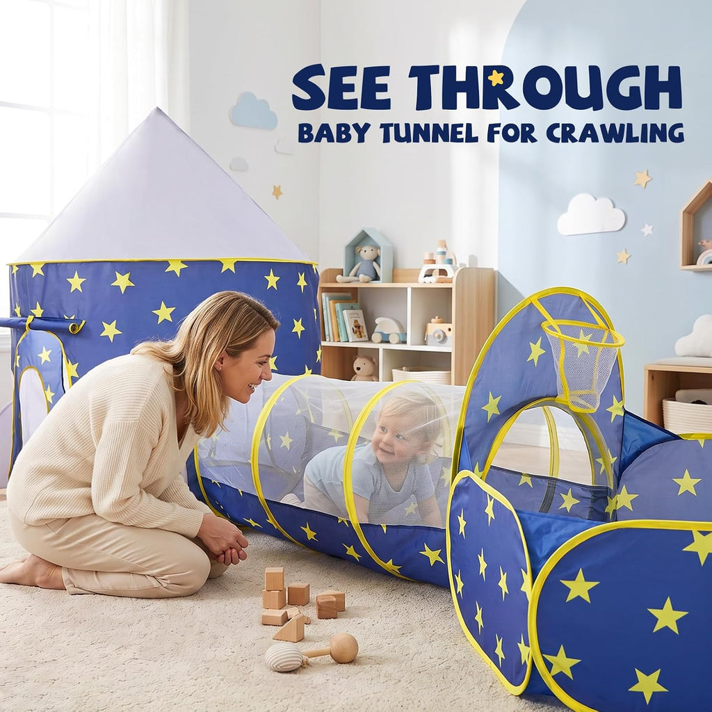 3pc Kids Play Tent for Boys with Ball Pit, Crawl Tunnel, Princess Tents for Toddlers, Baby Space World Playhouse