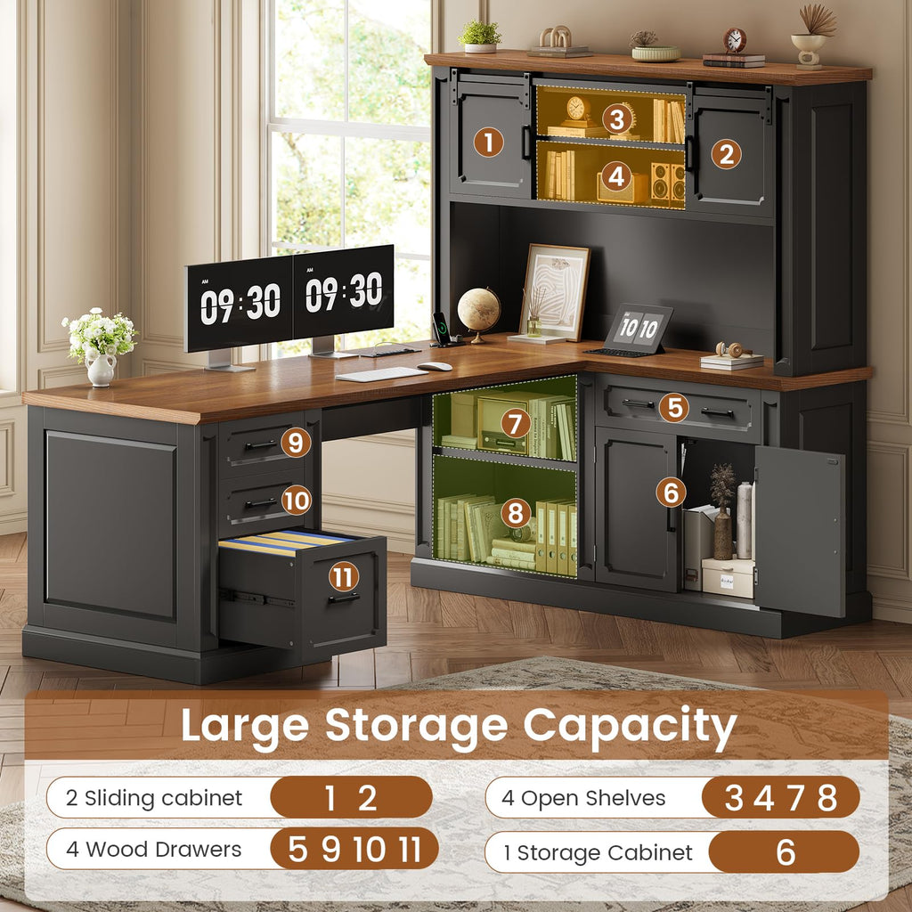 67" Farmhouse Executive L Shaped Desk with Hutch & Storage