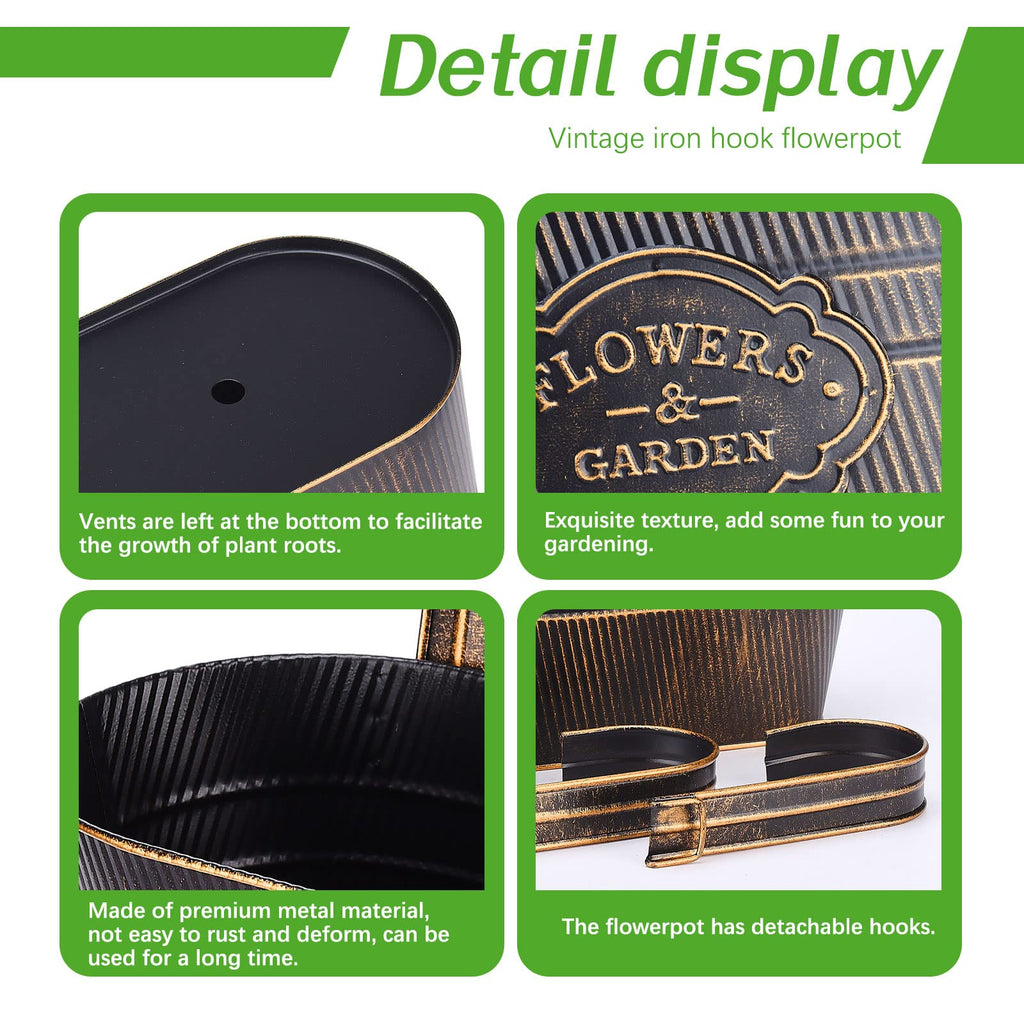 3 Pack Metal Railing Planter Box Outdoor, 10.6" Hanging Flower Pots with Detachable Hooks & Drainage Holes, Rail