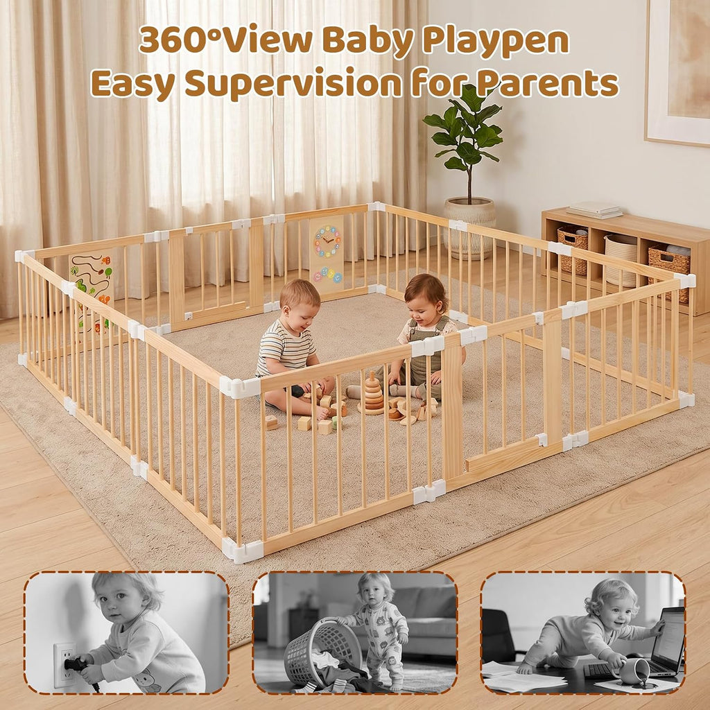 Baby Playpen with Montessori Toys, 12 Panels Foldable Wooden Play Yard for Toddlers & Infants 2-in-1 Baby Fence Play