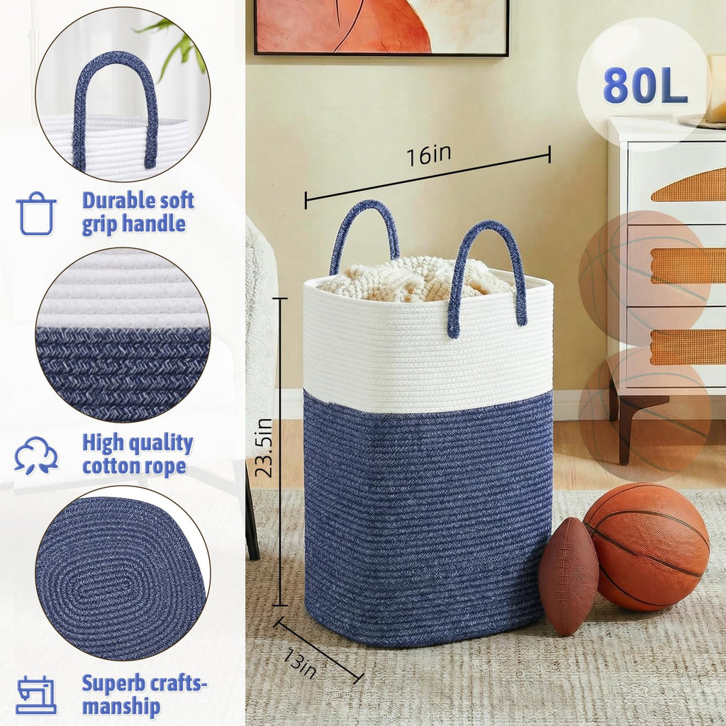 Cotton Rope Laundry Basket, Woven Clothes Hamper, 80L