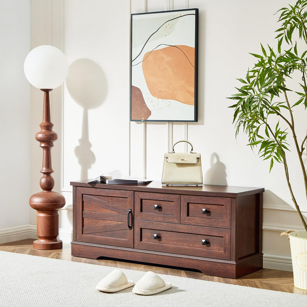 48 Inch Cherry Wood End of Bed Storage Bench, Farmhouse Bed Bench with Drawers and Cabinet, Rustic Shoe Storage Bench