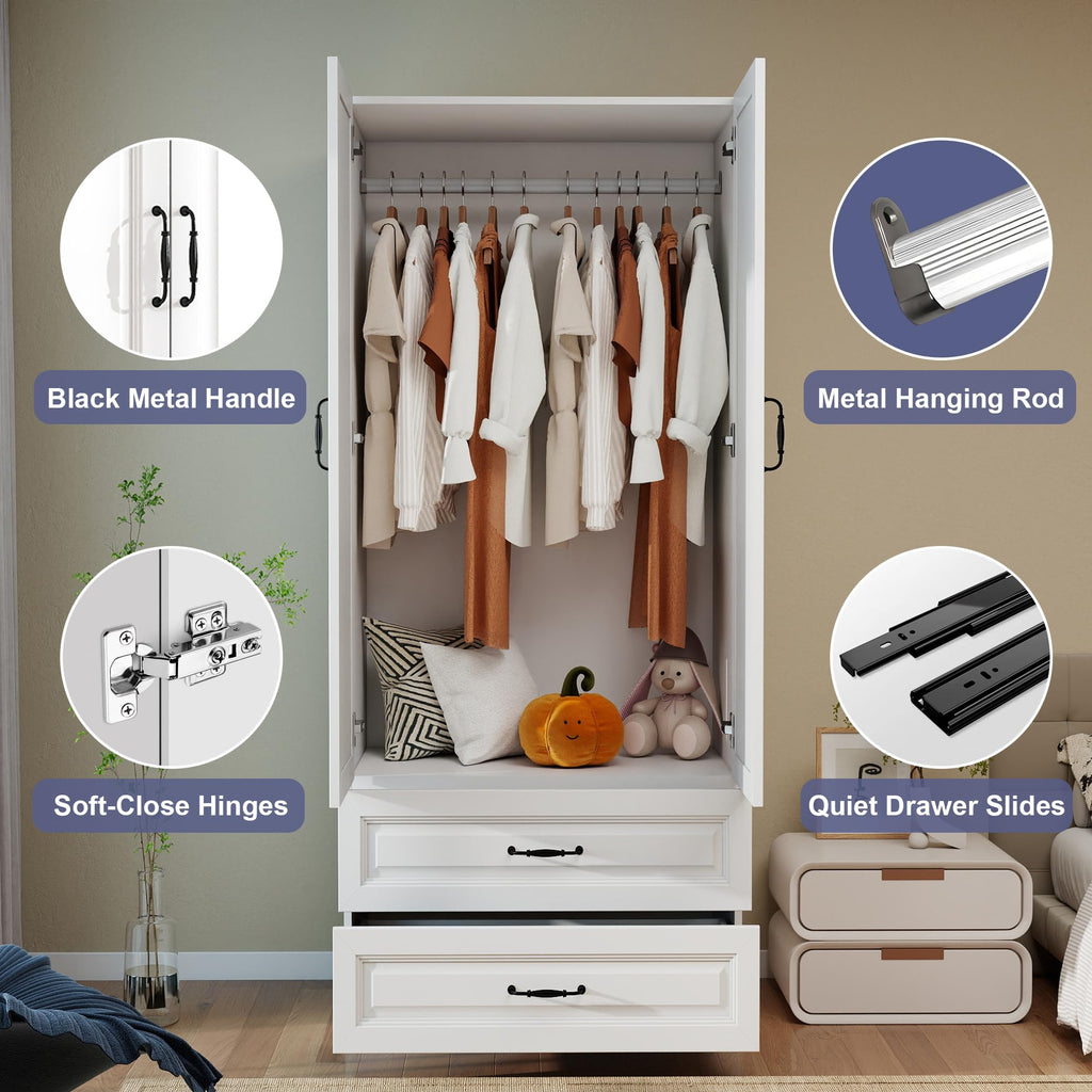 White Wardrobe Closet with 6 Drawers and 6 Doors, 75" H x 95" W