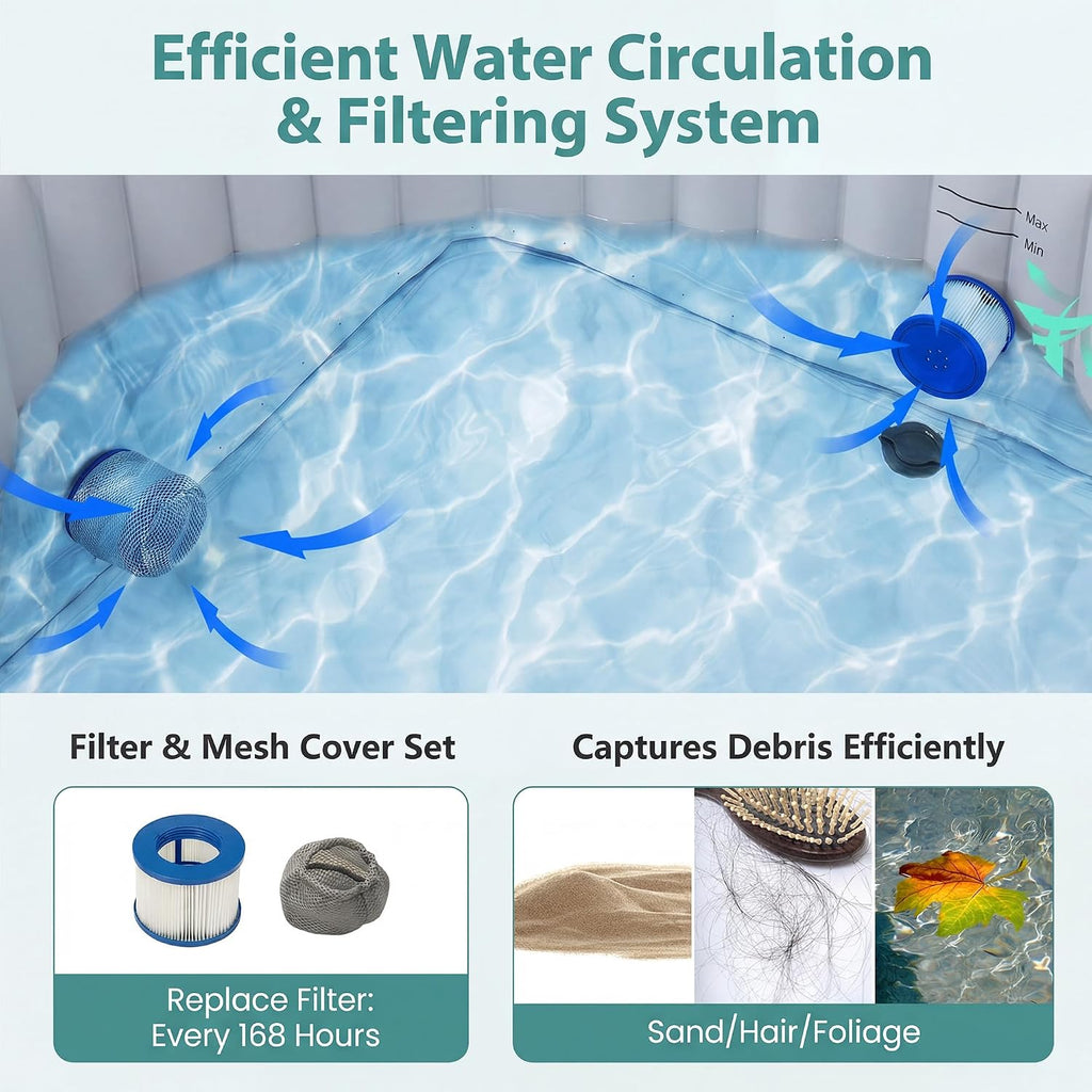 Inflatable Hot Tub SPA, 2-4/4-6 Person Portable Blowup Pool Hottub with Air Jets, Electric Heater Pump, Filter