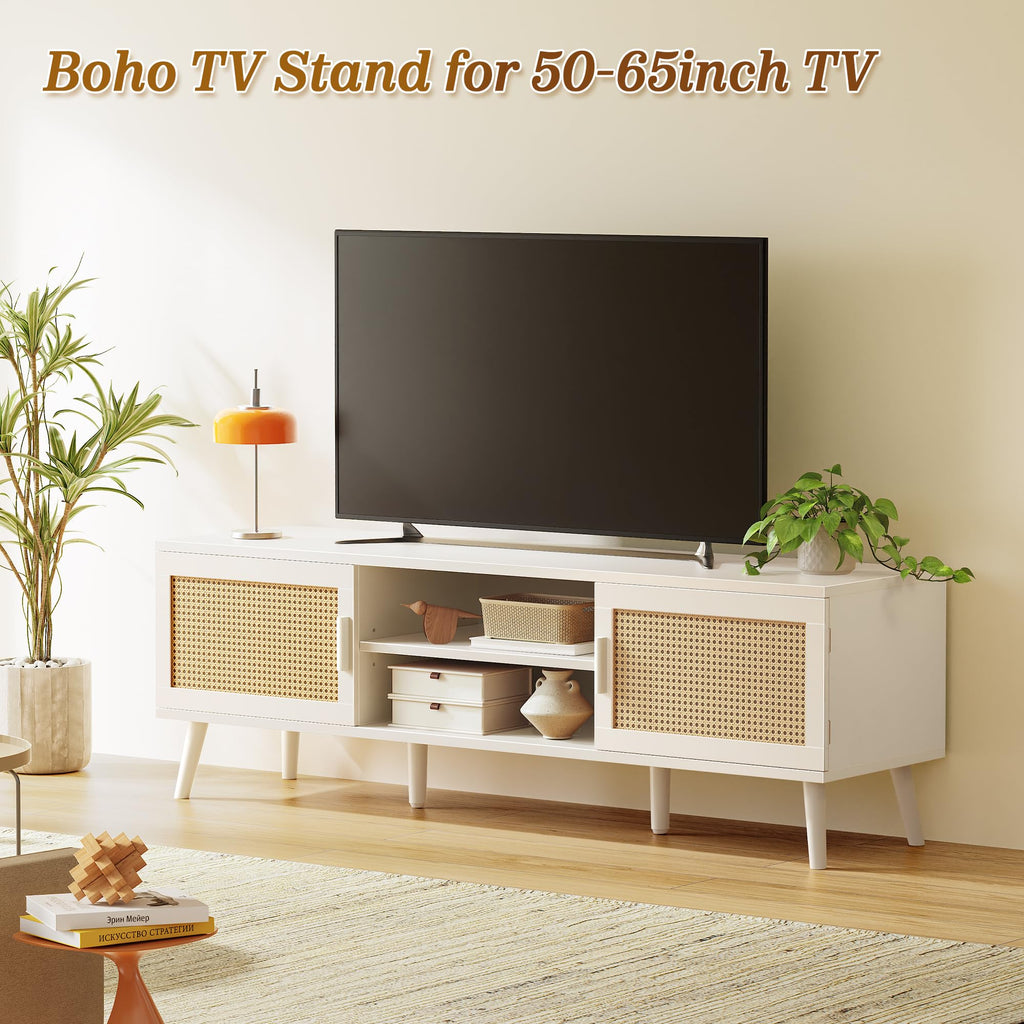 TV Stand for 65 Inch TV, Entertainment Center with Adjustable Shelf, Rattan TV Console with 2 Cabinets, Media