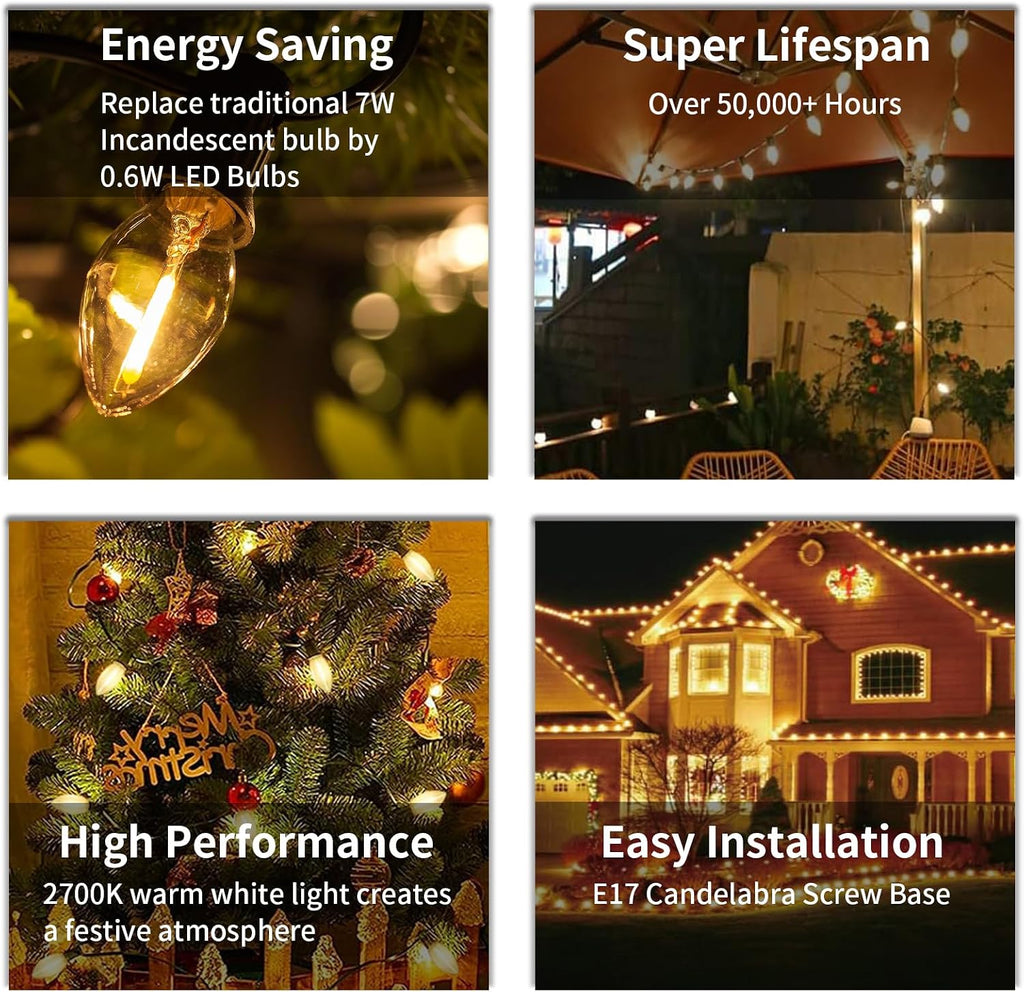 25FT C9 Christmas Lights Outdoor, Clear Warm White LED, Waterproof