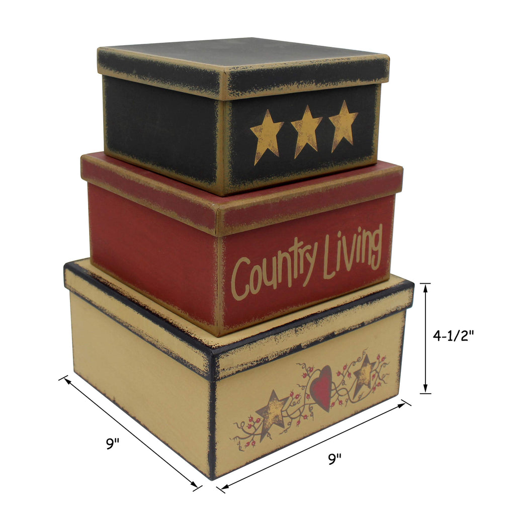 Farmhouse Square "Country Living" Cardboard Nesting Boxes for Photos Memories Keepsakes, Large 9 X 9 X 4-1/2 Inch.
