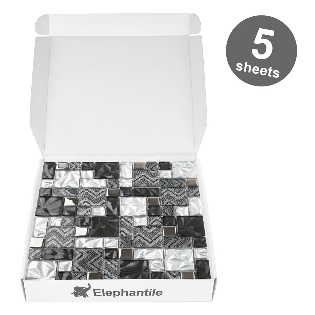 Black & White Glass Tiles Kitchen Bathroom Wall Backsplash Mosaic Versailles Pattern [Set of 5]
