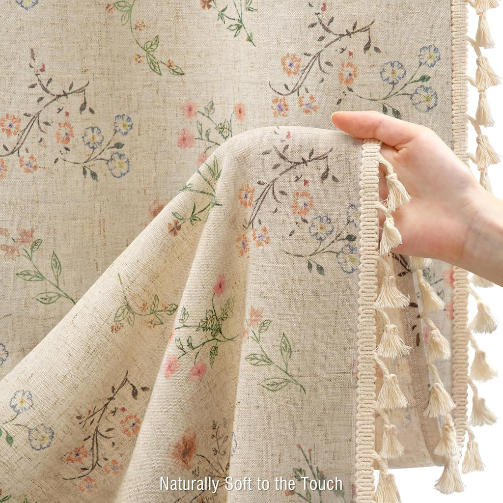 Floral Farmhouse Vintage Linen Shower Curtain, French Country Spring Shower Curtains with Tassels, 72Wx72H