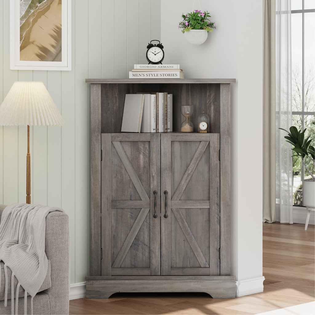 Bathroom Corner Storage Cabinet, Farmhouse Floor Corner Cabinet with Barn Door and Adjustable Shelf, Wash Grey Narrow