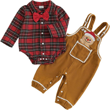 Baby Boy Christmas Outfit Plaid Long Sleeve Bodysuit Attached Bow Corduroy Romper Overalls 2 Pcs Set