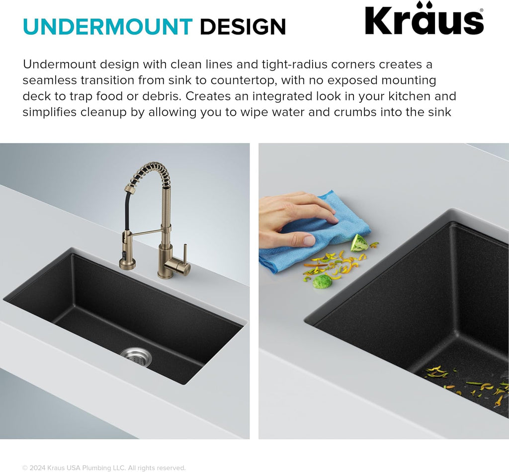 Black Onyx 31 in Undermount Granite Kitchen Sink KGU-413B | Quartz composite with metallic particles, heat-safe