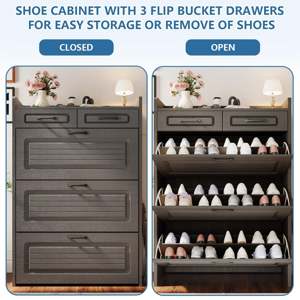 31.5" W Shoe Cabinet, Hidden Wood Shoe Cabinet with 2 Storage Drawers & 3 Flip Drawers, Narrow Freestanding Shoe