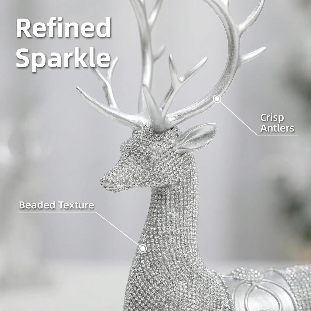 Gifts for Women Set of 2 Christmas Reindeer Statues 11.3" Gold Decorative Deer Sculptures Shelf Decor(Silver)