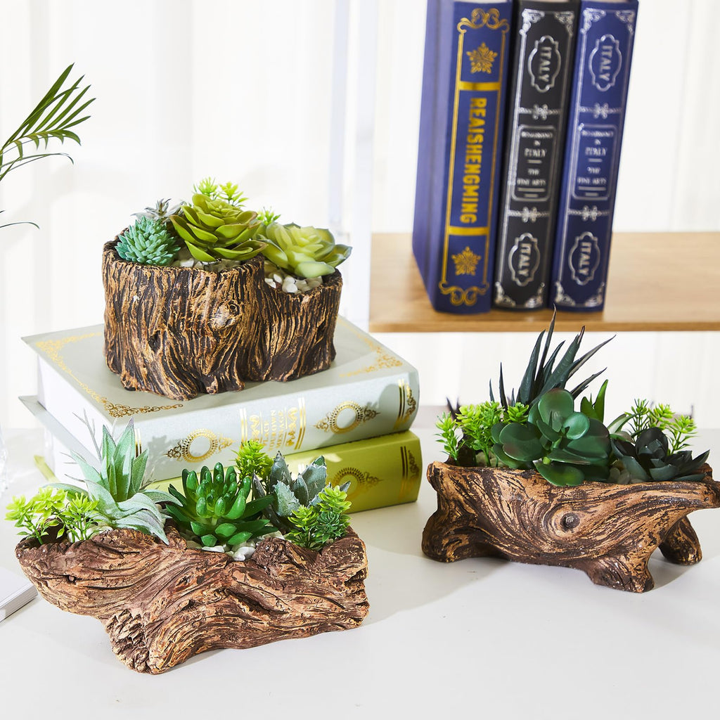 3 Pcs Driftwood Stump Log Concrete Succulent Planter, Classic