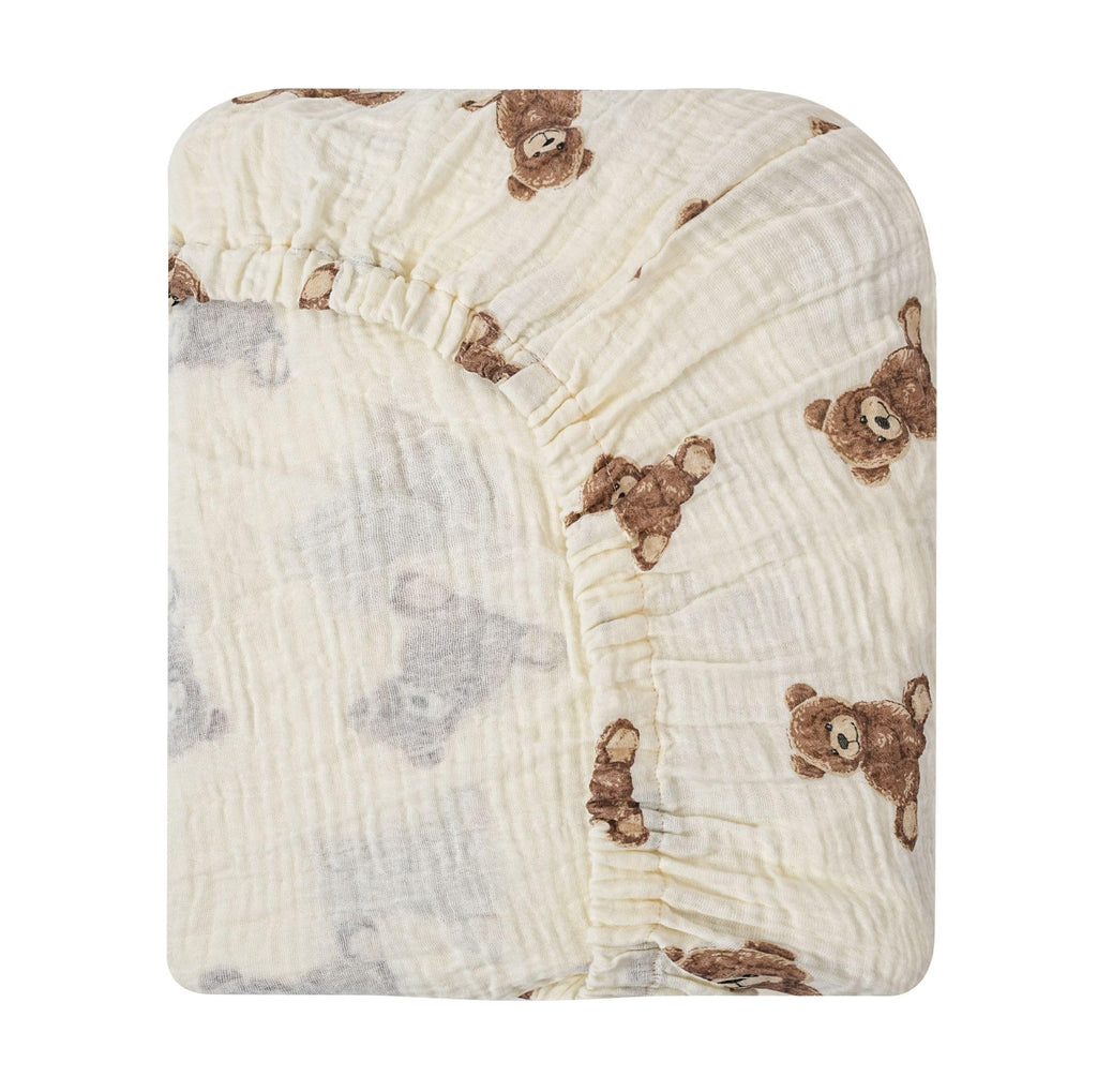 Teddy Bear Print Muslin Fitted Crib Sheet, Soft Breathable Cotton, 52 x 28 inches, Cream and Brown