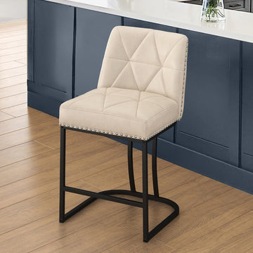 24" Bar Stools Set, Counter Height Bar Stools with 5.5" Thick Cushion, Upholstered Leather Barstools with Metal
